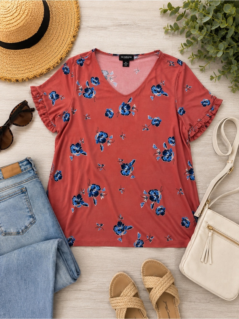 Liz Claiborne Career Floral Ruffle Sleeve Blouse XXL Pink Blue Stretch Top